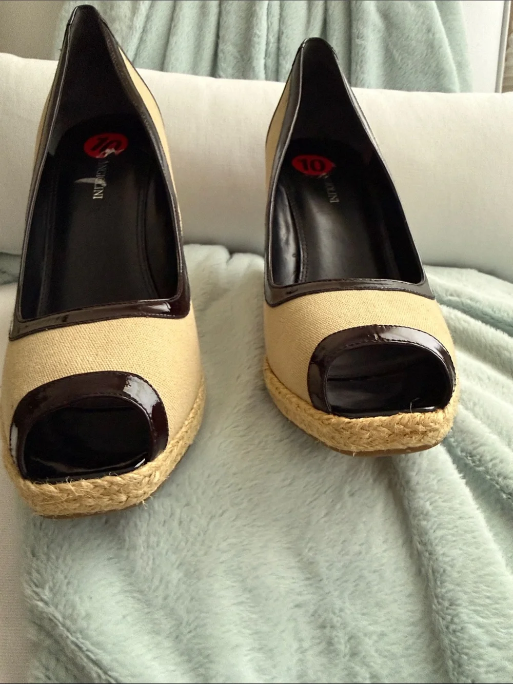Enzo Angiolini Beige and Black Espadrille Wedge Peep-Toe Pumps